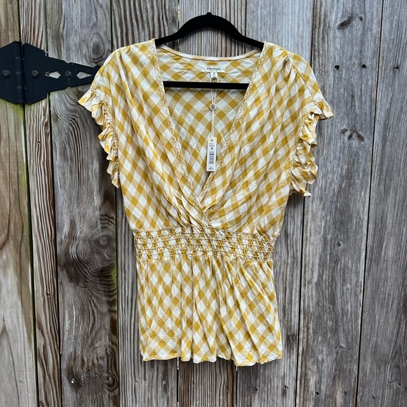 NWT MAX STUDIO Yellow Gingham Short Sleeve Pullover Top size Med - Picture 4 of 14